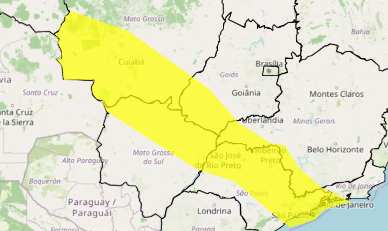 O mapa mostra as &aacute;reas em alerta para ventos fortes
